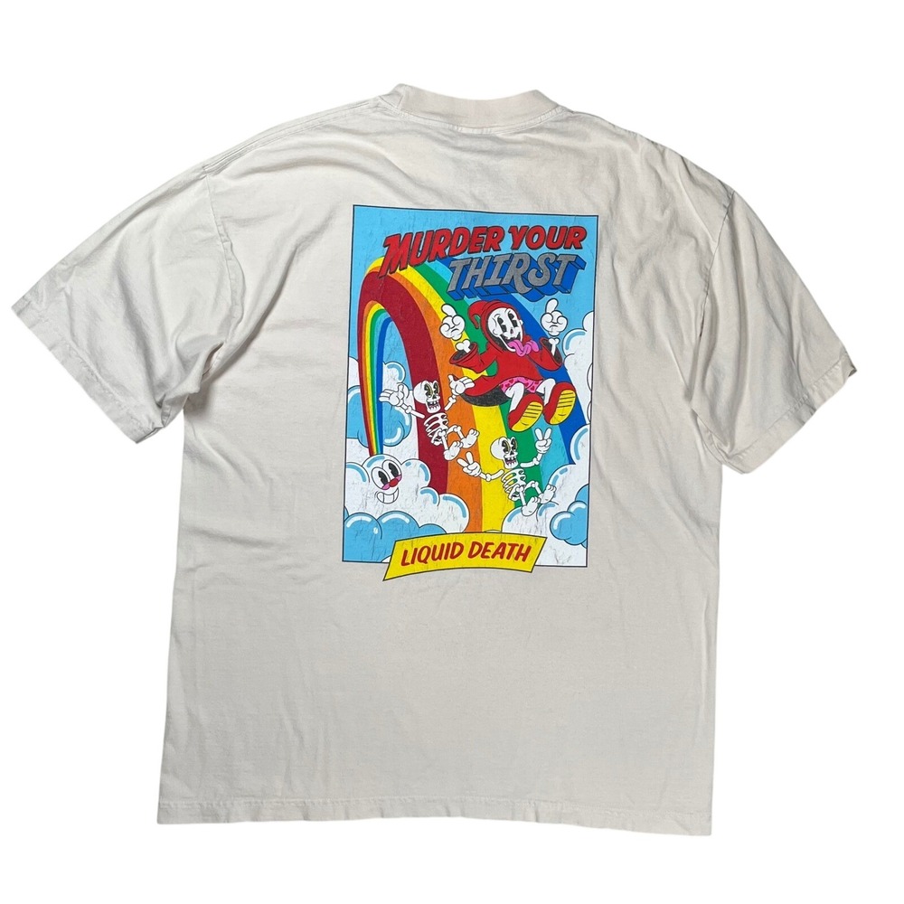 Liquid Death T-Shirt Mens Large White Murder Your Thirst Graphic Rainbow Print